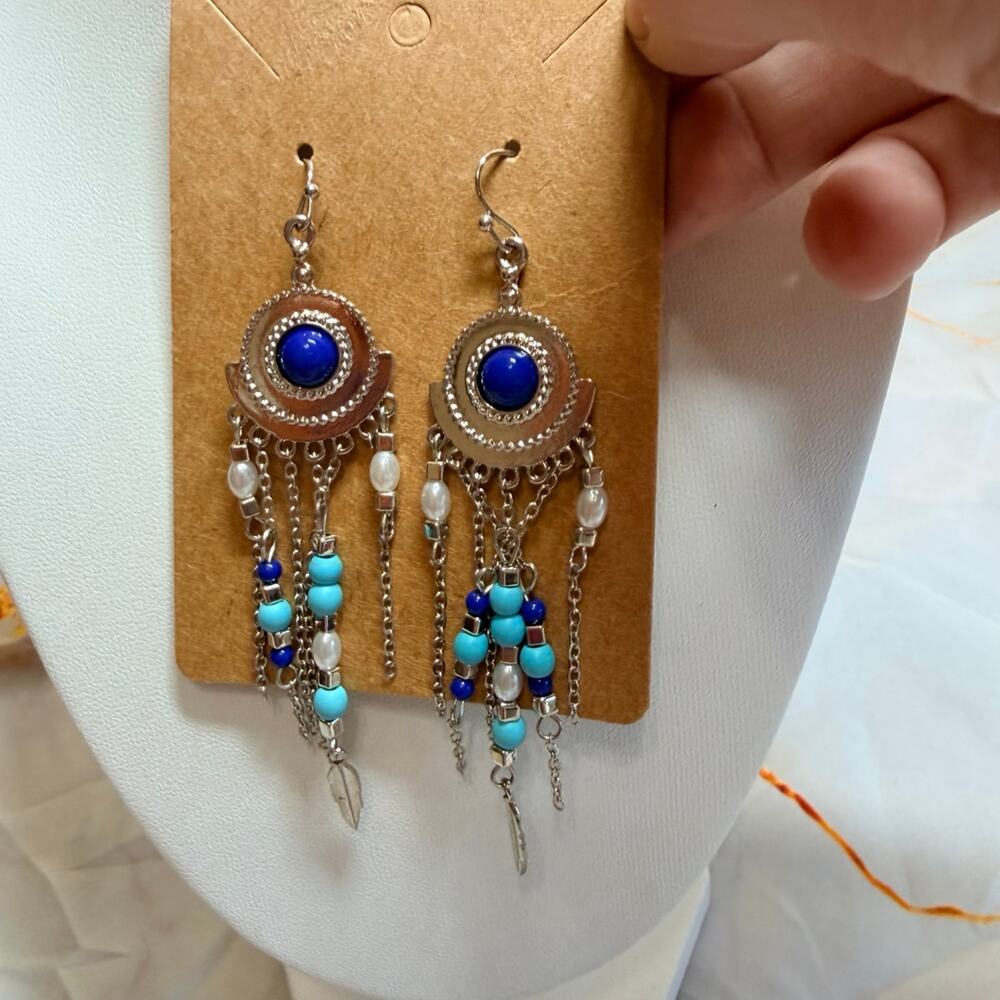 Boho Blue Beaded Dangle Earrings with Feathers
